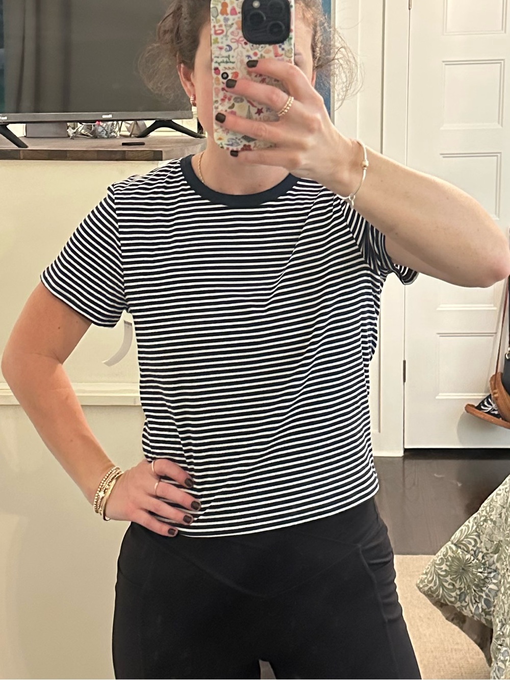 Athleta Navy White Striped Cropped Crew Neck Tee Top | Size Large